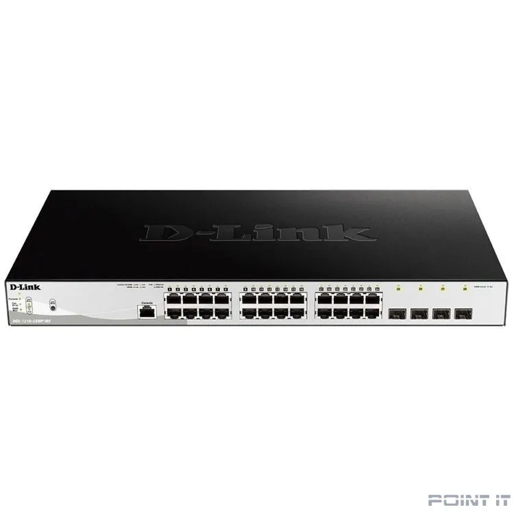 D-Link DGS-1210-28MP/ME/B2A PROJ Управляемый коммутатор 2 уровня с 24 портами 10/100/1000Base-T и 4 портами 1000Base-X SFP (24 порта с поддержкой PoE 802.3af/802.3at (30 Вт), PoE-бюджет 370 Вт)