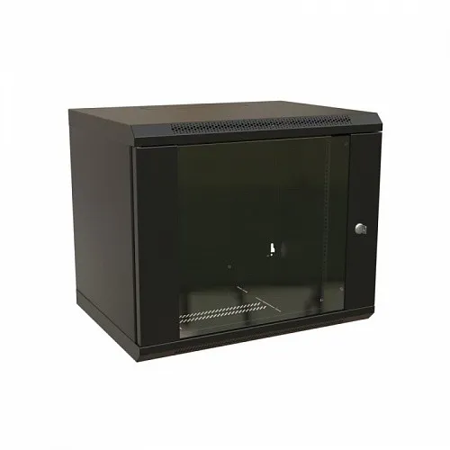 Шкаф настенный 19-дюймовый (19), 12U, 650x600х450мм, стеклянная дверь с перфорацией по бокам, ручка с замком, цвет черный (RAL 9004) (разобранный)