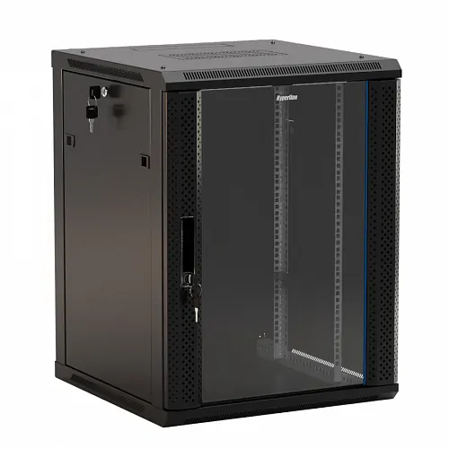 Шкаф настенный 19-дюймовый (19), 6U, 367x600х600мм, стеклянная дверь с перфорацией по бокам, ручка с замком, цвет черный (RAL 9004) (разобранный)