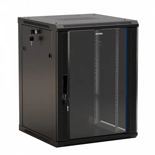 Шкаф настенный 19-дюймовый (19), 12U, 650x600х450мм, стеклянная дверь с перфорацией по бокам, ручка с замком, цвет черный (RAL 9004) (разобранный)