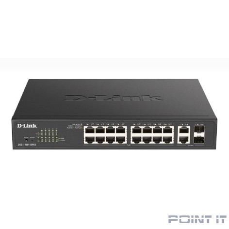 D-Link DGS-1100-18PV2/A3A Настраиваемый L2 коммутатор с 16 портами 10/100/1000Base-T и 2 комбо-портами 1000Base-T/SFP (16 портов PoE 802.3af/at, PoE-бюджет 130 Вт)