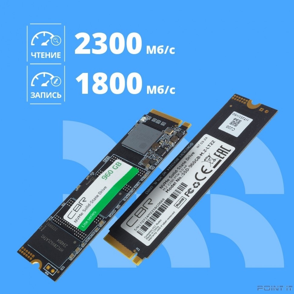 CBR SSD-960GB-M.2-LT22, Внутренний SSD-накопитель, серия "Lite", 960 GB, M.2 2280, PCIe 3.0 x4, NVMe 1.3, SM2263XT, 3D TLC NAND, R/W speed up to 2300/1800 MB/s, TBW (TB) 480
