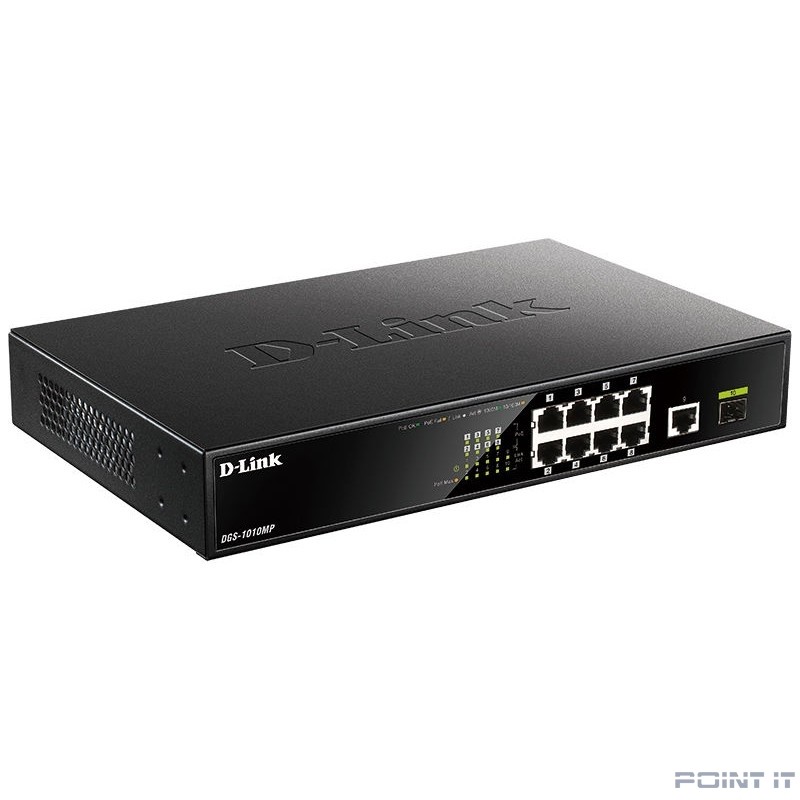 D-Link DGS-1010MP/A1A Неуправляемый коммутатор с 9 портами 10/100/1000Base-T, 1 портом 1000Base-X SFP, функцией энергосбережения и поддержкой QoS (8 портов с поддержкой PoE 802.3af/802.3at (30 Вт)